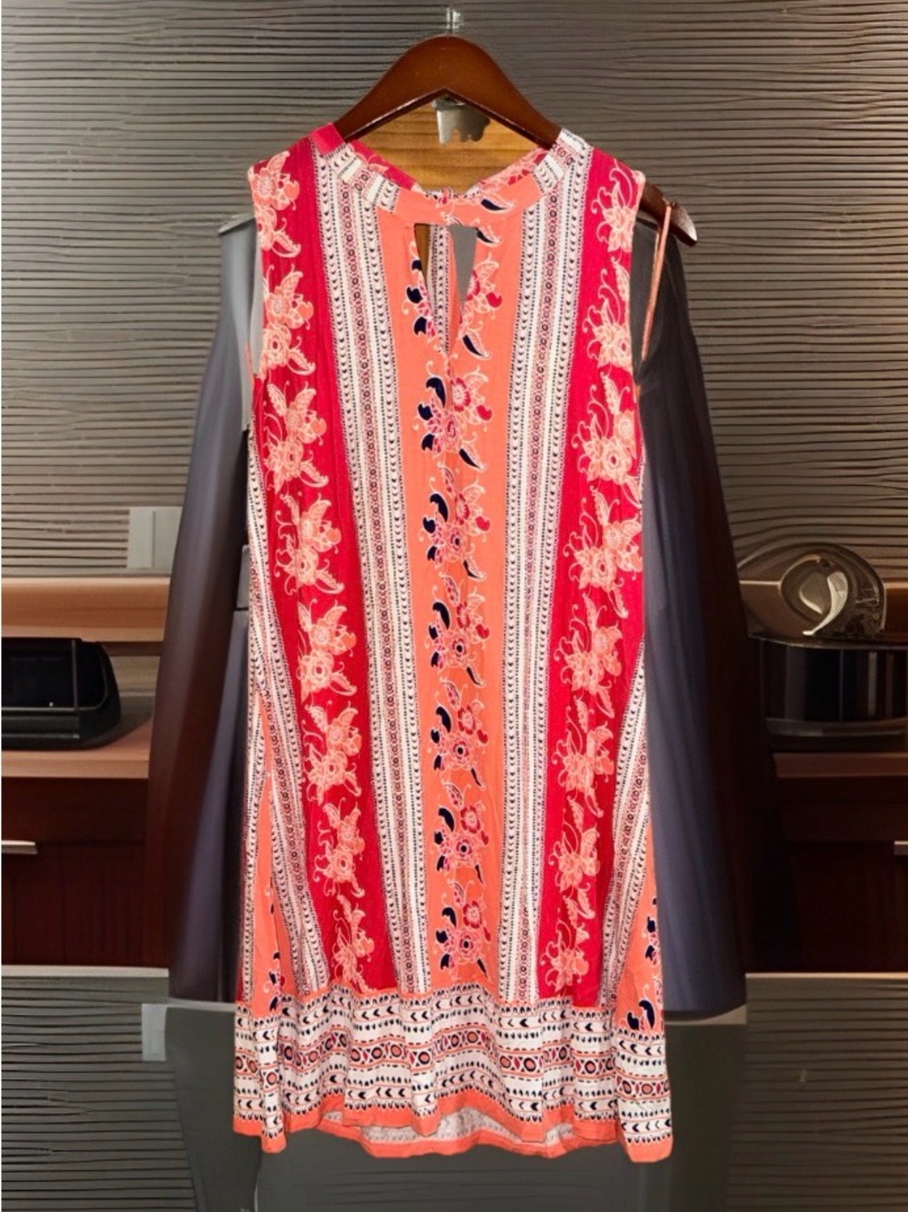 NWT Red Camel Coral & Pink Floral Stripe Tunic Dress w/Tie Back Closure - M